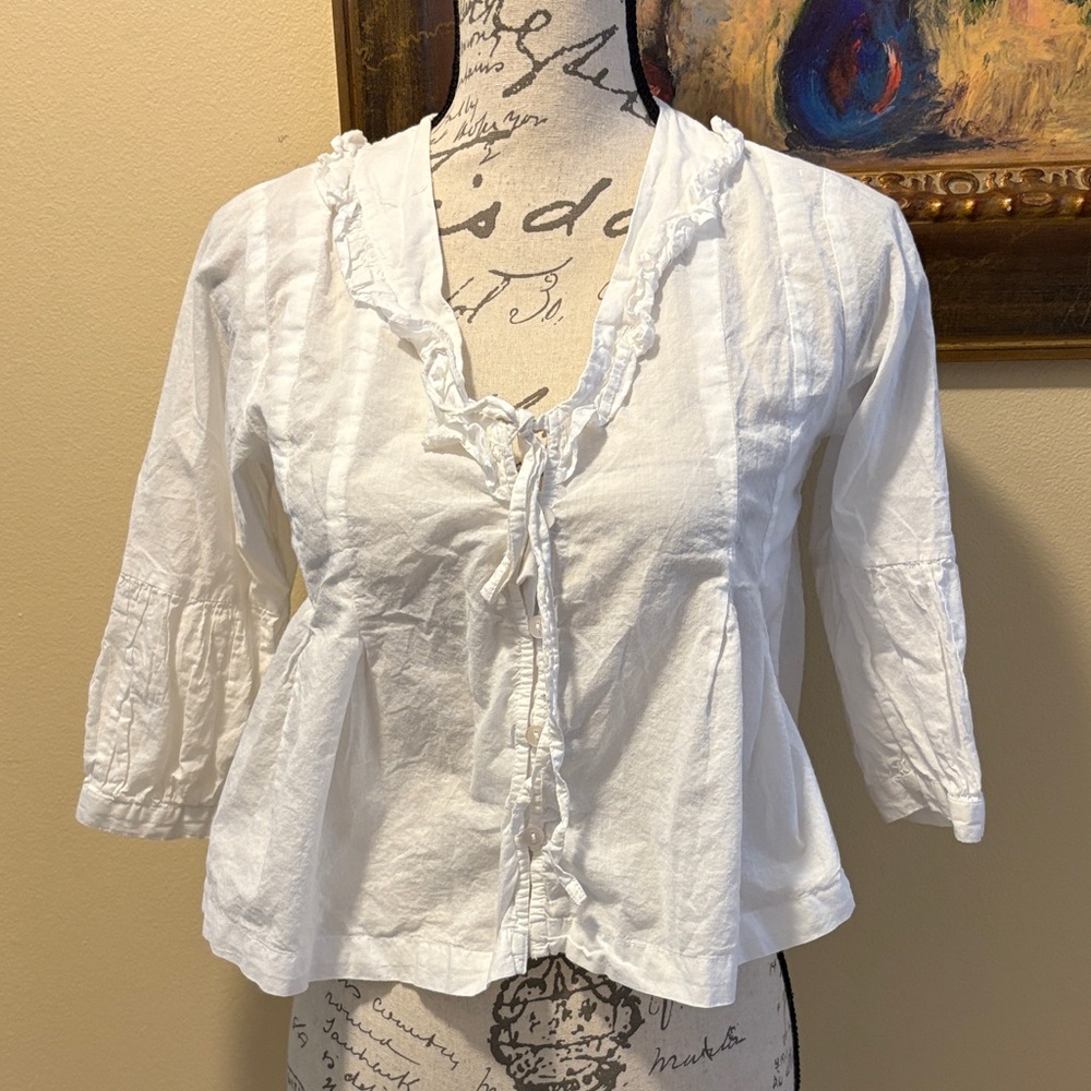 Rebellion bohemian tied button down ruffle
collar peplum pleated sleeves top